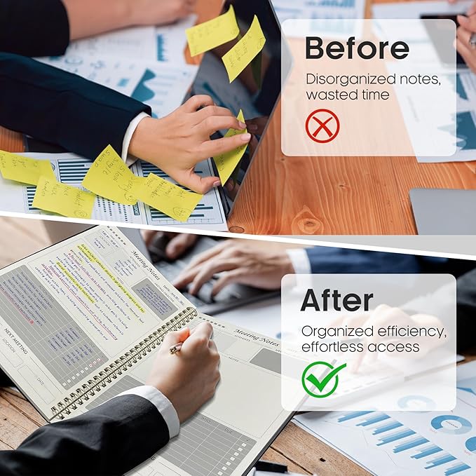 Meeting Notebook For Work Organization - Work Notebook With Action Items, Agenda Planner For Note Taking, 160Pages (6.9" X 9.9") Project Planner For Men & Women - Black