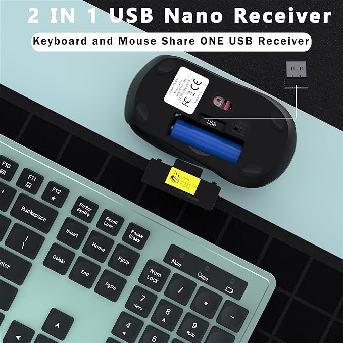 Wireless Keyboard and Mouse Combo, COVEVA 2.4GHz Wireless Keyboard Mouse with USB Receiver, Water-Dropping Keycaps, 104 Keys Full Size with Number Pad for PC Laptop Computer Desktop(Black Green)