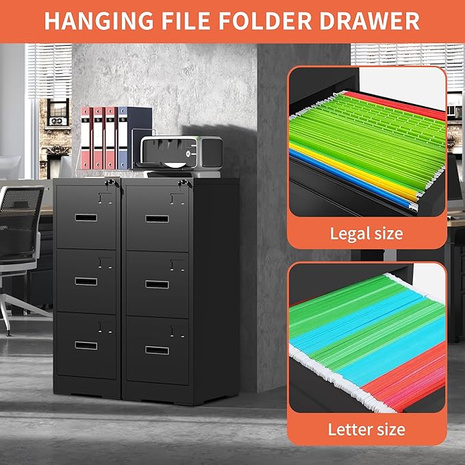 3 Drawer Metal File Cabinet with Lock Heavy Duty Locking File Cabinets Home Office Steel Filing Cabinet Vertical File Cabinets for Legal/Letter Size File,Assembly Required