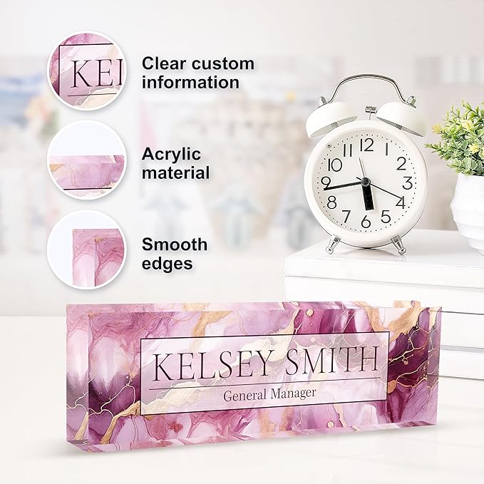 Personalized Name Plate for Desk, Custom Desk Name Plate, Acrylic Name Plate Office Desk Accessories, Personalized Office Gifts for Coworkers Teachers, Employee Appreciation Gifts (C-Mauve Marble)