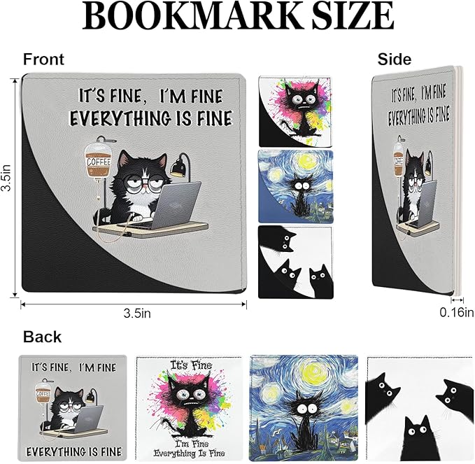 Black Cat Bookmarks, Funny Leather Book Accessories for Book Lovers,4 Pcs Cute Corner Page Book Marks for Teachers Students Book Reading Lovers, for School Office Home Supplies