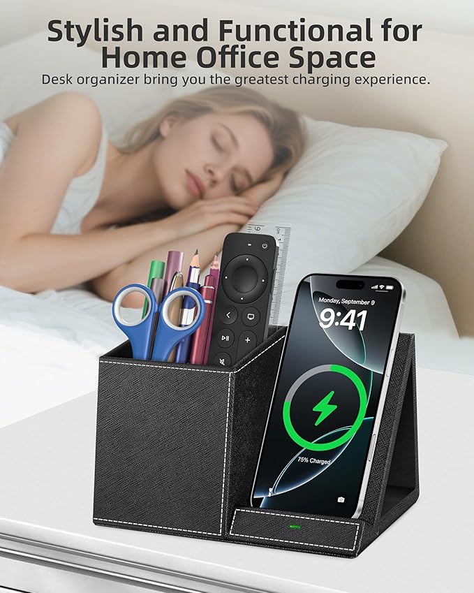 Pen Holder with Wireless Charger, PU Leather Pencil Holder for Desk, Multi-Functional Desktop Organizer, Desk Organizers and Accessories for Home School Office Supplies, Black