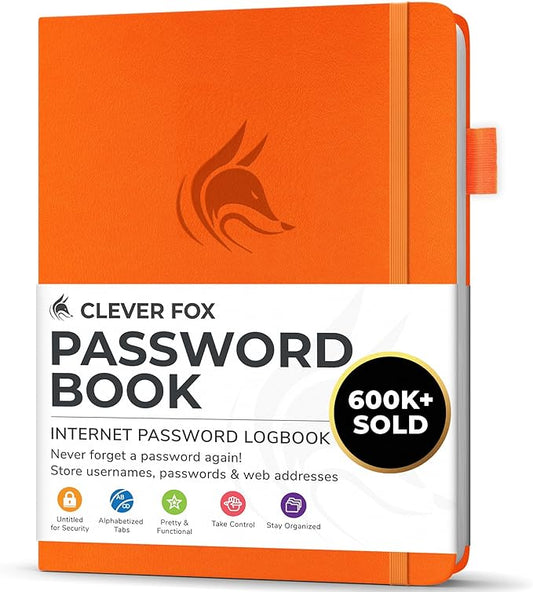 Clever Fox Password Book with alphabetical tabs. Internet Address Organizer Logbook. Small Pocket Password Keeper for Website Logins (Orange)