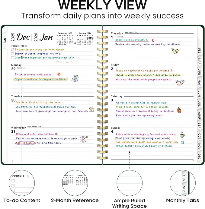 2026 Planner 8.5" x 11", Weekly and Monthly Calendar Planner Book, January 2026 - December 2026, Hardcover Spiral Planner with Monthly Tabs, Notes Pages, Perfect for Women & Men, A4 - Dark Green