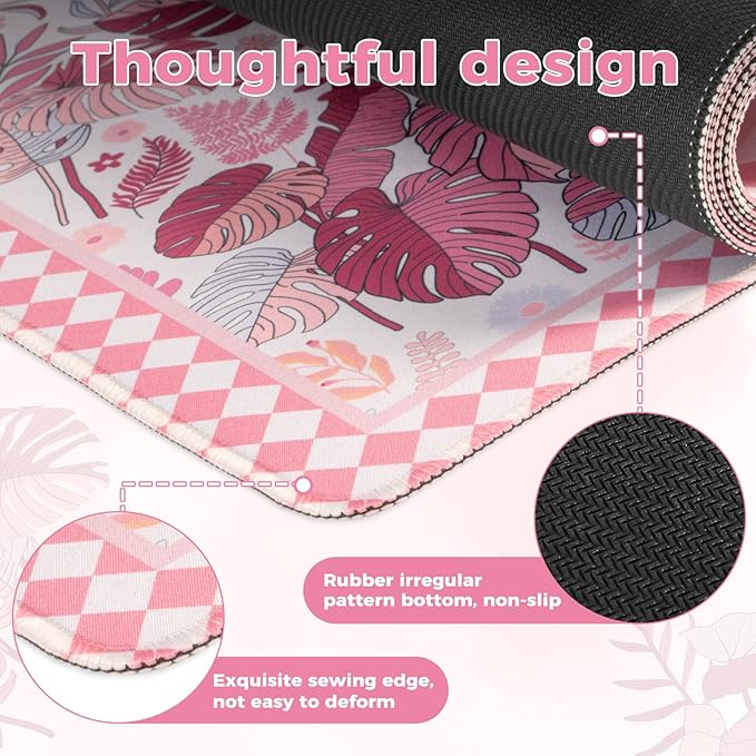 iCasso Pink Desk Mat,Extra Large Mouse Pad for Laptop,Long Computer Pad with Stitched Edges,Non Slip Keyboard Mat for Desktop,Cute Desk Cover Mat for Office Home School
