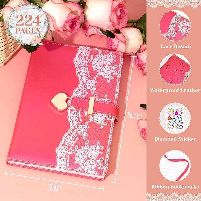 Lace Diary with Lock& Gift Box for Women and Girls 224 Pages Cute Journal with Lock and Key A5 Leather Password Locked Journals for Writing Note Taking, Rosy (Pink)