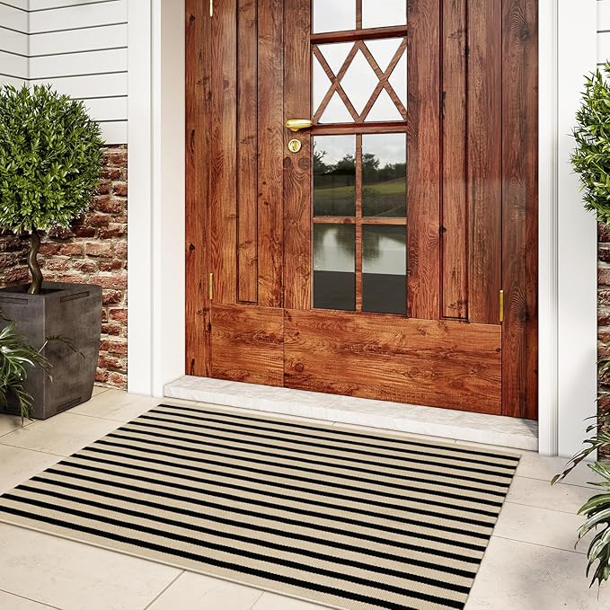 KIMODE Striped Outdoor Rug 27.5x43 Inches, Machine Washable Outdoor Front Porch Rug, Black and Khaki Front Door Mats, Hand Woven Welcome Layered Doormat Entryway Rug for Entrance, Doorway