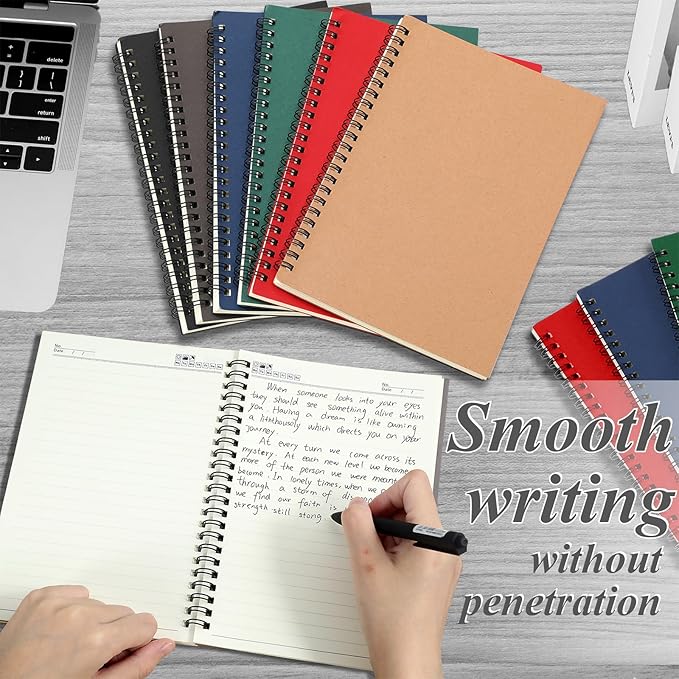 Leelosp 12 Pack Small Spiral Notebook A5 Lined College Ruled Spiral Journal Notebook 5.5 x 8.3 Inch Kraft Cover, 120 Pages for Work Students Office Business(Red, Green, Black, Blue, Brown, Gray)