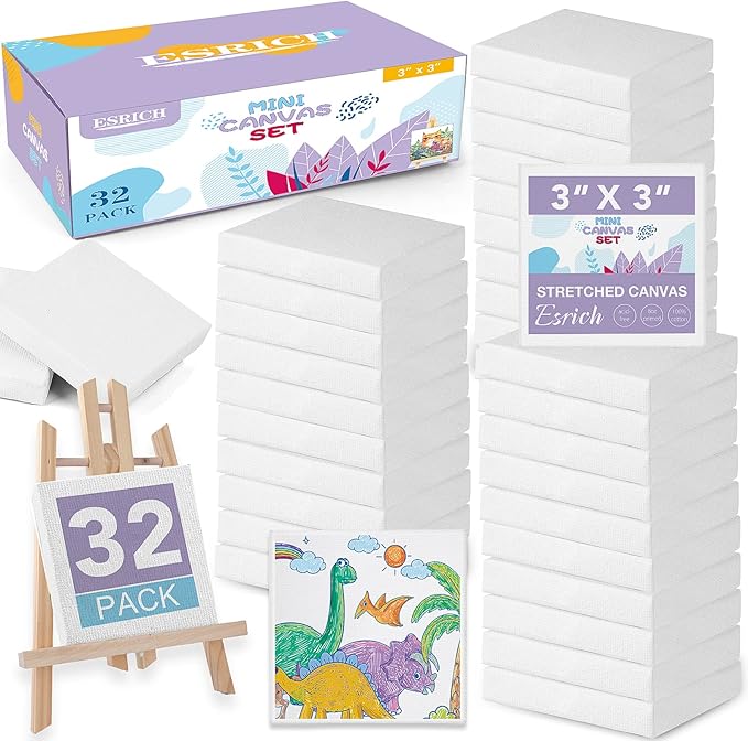 ESRICH Mini Canvases for Painting, Canvas in Bulk 32Pack, 3x3In, 2/5In Profile Small Square Canvas, Blank Canvases are Great for School Projects and Kids Birthday Parties, Home Decor Project.