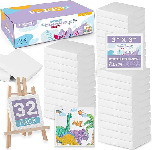 ESRICH Mini Canvases for Painting, Canvas in Bulk 32Pack, 3x3In, 2/5In Profile Small Square Canvas, Blank Canvases are Great for School Projects and Kids Birthday Parties, Home Decor Project.