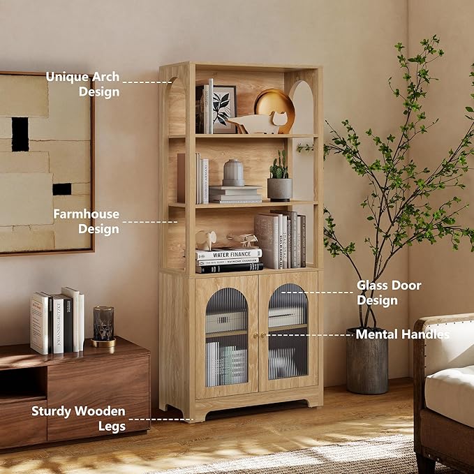 RARZOE 71" Tall Bookshelf and Bookcase, 5-Tier Arched Bookshelf with Glass Doors, Floor Standing 5 Shelf Book case, Wood Display Cabinet Storage Organizer for Living Room, Bedroom, Office(Natural)