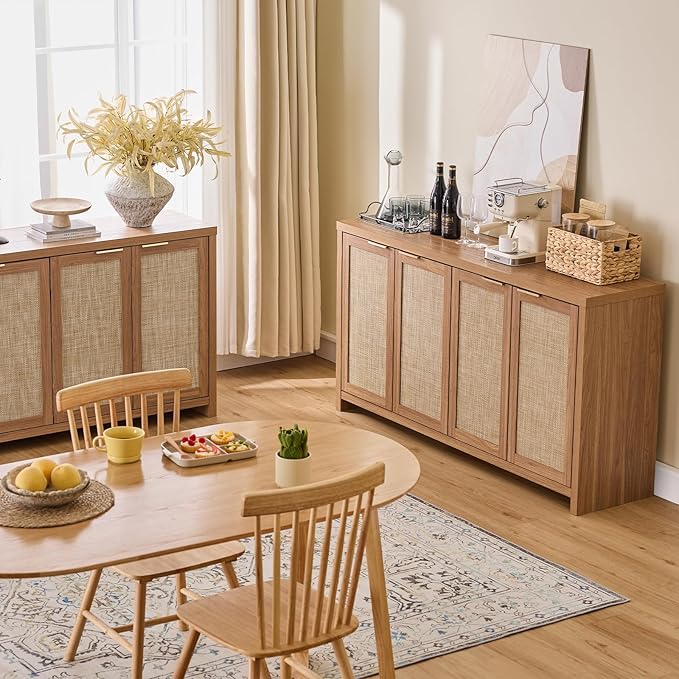 Walsham 61'' Buffet Cabinet with Storage, Adjustable Shelf Sideboard Rattan Entryway Console Cabinet with Doors Modern Credenza Coffee Bar Station for Kichen Living Room Holds 410lb Weathered Oak