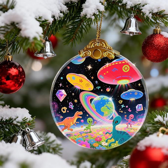 UFO Alien Glass Ornaments, UFO, Dinosaur & Alien Christmas Ornament for Christmas Tree Decor, Holiday Presents, Exchange Ideal Gift for Space & Fantasy Lovers