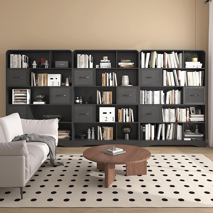 70" Tall Book Shelf and Bookcase, Tall Bookshelf with Storage, 48" Wide Modern Bookcase with Drawers Adjustable 3 Bins Storage, Large Bookshelf Wood 13" Deep Display Shelves for Living Room, Black