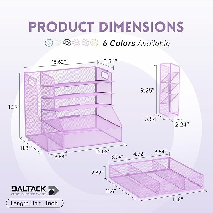 DALTACK Mesh Desk Organizer, 5-Tier Paper Letter Tray with File Holder & Pen Holder & Sliding Drawer, Desktop Organizer and Storage for Desk Accessories Office Supplies, Purple