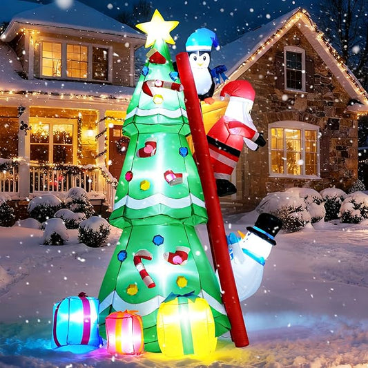8FT Christmas Inflatable Decorations, Santa Climbing Ladder to Christmas Tree, Outdoor Christmas Blow up Yard Decor with LED Lights Star Treetop for Holiday Party Garden Patio Display Hall Lawn