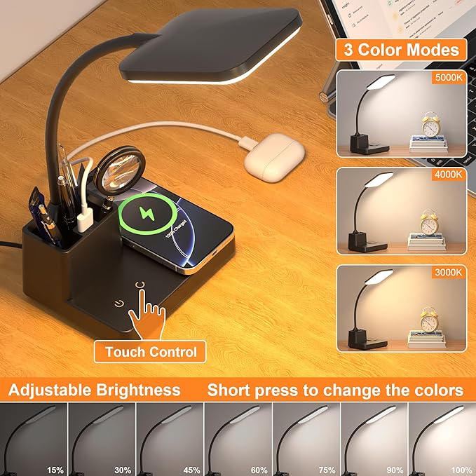 Sailstar Desk Lamp, Table Lamp with Wireless Charger & USB Port, 800LM CRI95 3 Color Modes Dimmable Touch Flexible Arm Pen Holder, LED Desk Lamps for Home Office, College Dorm Room, Adapter Included