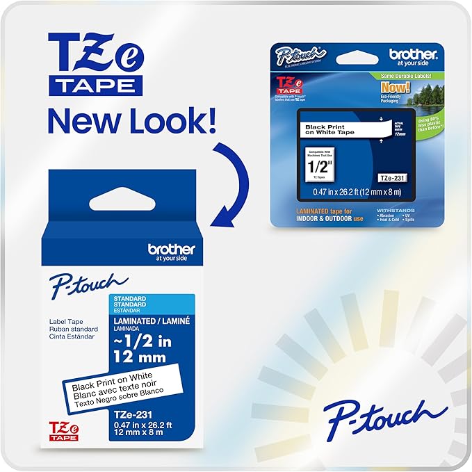 Brother Genuine P-Touch TZe Black Print on White Label Tape (TZeS231), Strong Adhesive Laminated, ~1/2in x 26.2ft (12mm x 8m), for Select P-Touch Label Makers, Water-Resistant, Extra Strength