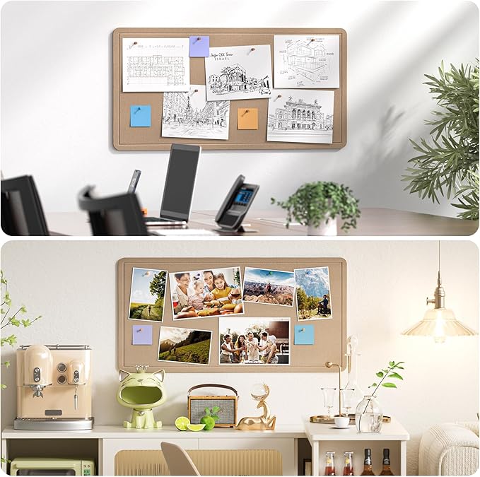 MaxGear Bulletin Board 35" x 17.5", Foldable Small Felt Board Vision Board Supplies, Cork Board for Office, Home, School, Pin Boards for Walls Decorative Picture Framed Display Board Beige Brown