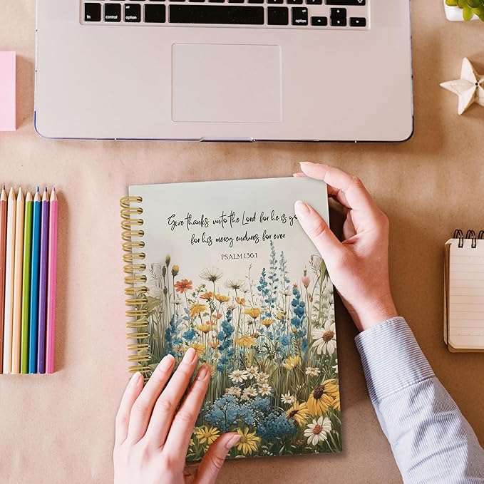 XPH Floral Christian Spiral Notebook, Bible Verse Psalm 136:1 Journaling Notebooks for Note Taking, Religious Hardcover Journal for Writing 160 Pages 5.5 x 8.3 Inch, Christian Gifts for Women