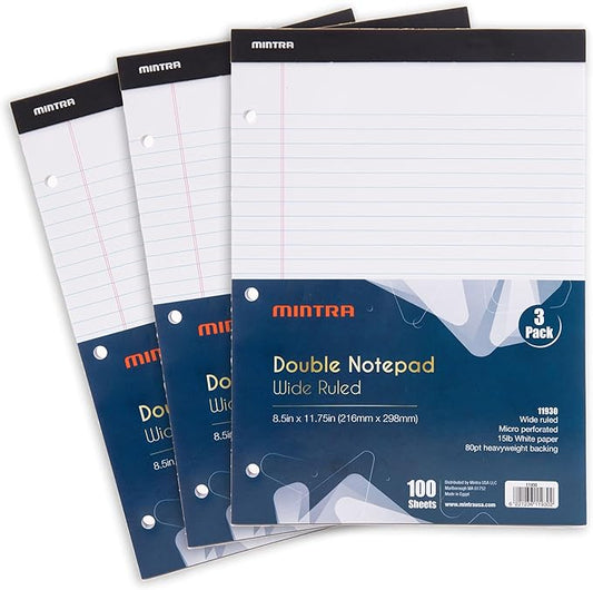 Mintra Office Legal Pads (Double Pad 3pk (White), 8.5in x 11in (Wide Ruled))