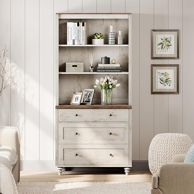 WAMPAT 3 Tier Bookshelf with 3 Drawers, 72" Tall Bookcase Large Farmhouse Display Book Case Shelf with 3-Tier Open Book Shelfs，Library Wood Bookshelves for Living Room,Kitchen, Rustic White