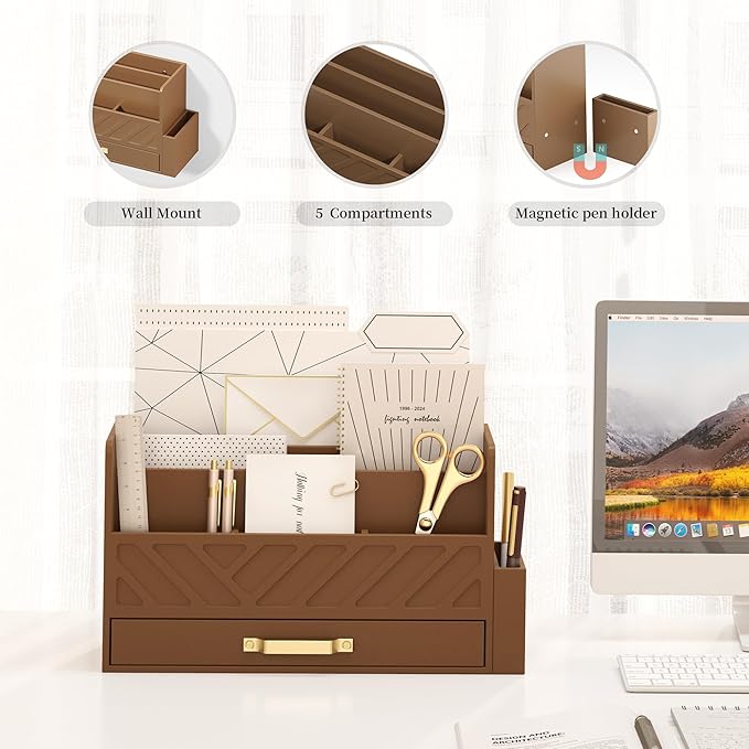 Bamboo Desk Organizer Mail Holder Countertop Wood Desk Drawer Tabletop Storage Box Pen Holder Letter Sorter Makeup Organizer for School Home Office Supplies with Pen Holder Brown