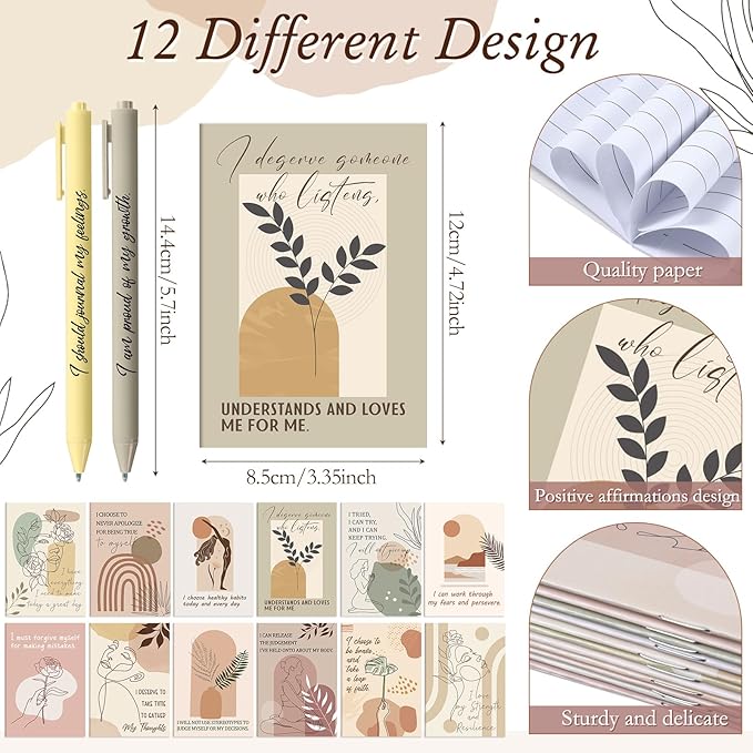 24 Set/48 Pcs Positive Affirmation Gift Set Gratitude Notebooks with Pens Small Bags Motivational Encouragement Notepads Daily Affirmations Journal for Women Stress Relief Self Care (Boho)