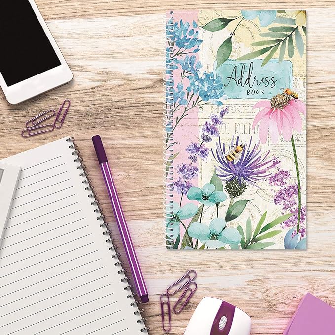 Current Wildflower Sanctuary Address Book-94 Pages;Small 5" x 8-1/2" Size for Purse or Office,Spiral Bound Soft Cover Organizer for Contacts,Addresses,Email, & Phone Numbers + 50 Replacement Stickers