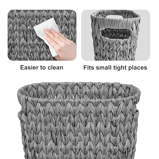 5 Gallon Wicker Trash Can,Wicker Bathroom Trash Can with Handles,Handwoven Waste Basket Waterproof Narrow Small Garbage Can for Bedroom,Bathroom,Office,Grey/20 Liters