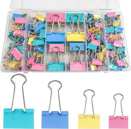 Binder Clips Assorted Sizes, 140 PCS Colored Binder Paper Clips Office Clips Office Supplies Desk, 4 Sizes Cute Binder Clips Large Medium Binder Clip Small Paper Clips Medium Paper Clamps (Colored)