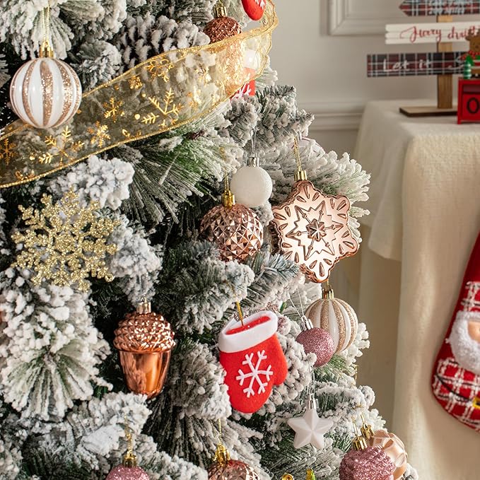 110 Pcs Rose Gold & White Christmas Ornaments Set, Assorted Christmas Balls Decor for Xmas Tree, Shatterproof Plastic Baubles Hanging Decorations for Holiday/Party/Wedding