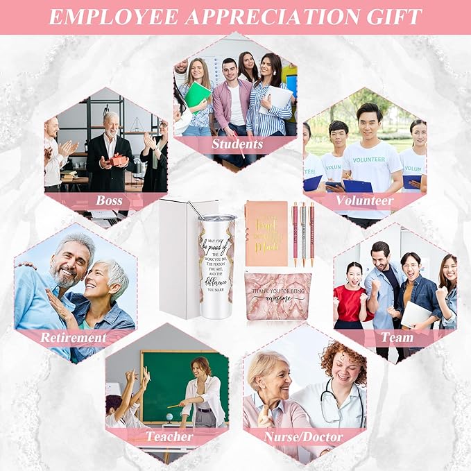 Domensi 6 Pcs Employee Appreciation Gift Set for Women Female Thank You Gift May You Be Proud 20 oz Rustic Marble Sign Tumbler Makeup Bag Journal for Teacher Nurse Lady Work Business(Pink)