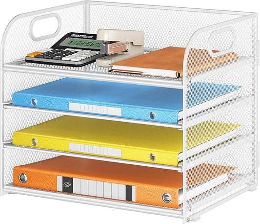 Lavatino Paper Organizer for Desk, 4-Tier Desk Organizer Tray, Mesh Desktop File Organizers with Handle, Office Classroom Organization and Storage-White
