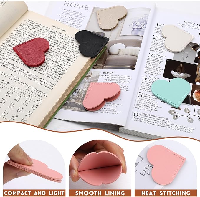 9 Pcs Leather Heart Bookmarks, Cute Heart Bookmark Corner, Bookmarks for Women, Book Marks for Teachers Students School Office Home Supplies
