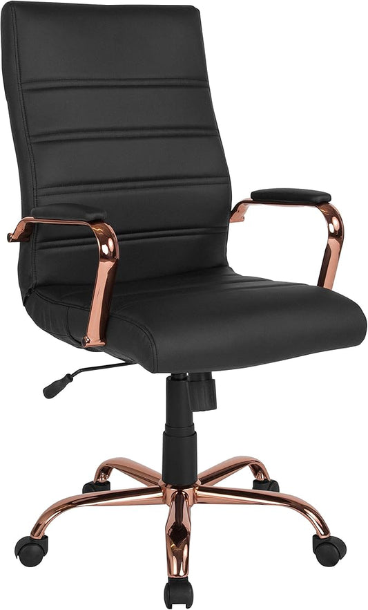 Flash Furniture Whitney High-Back Swivel LeatherSoft Desk Chair with Padded Seat and Armrests, Adjustable Height Padded Office Chair, Black/Rose Gold