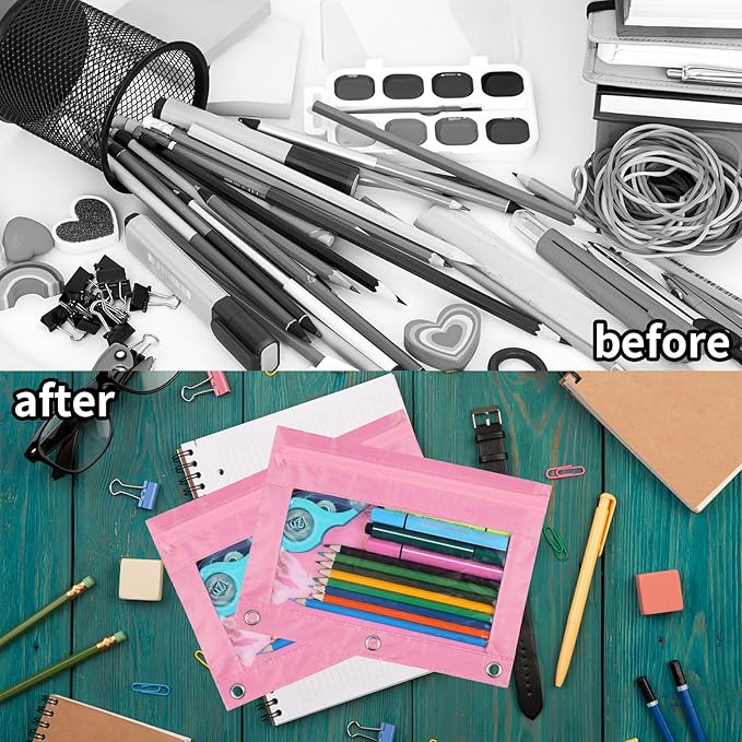 YoeeJob 36 Pack Zipper Pencil Pouch for 3 Ring Binder with Clear Window for School and Office Supplies (Pink)