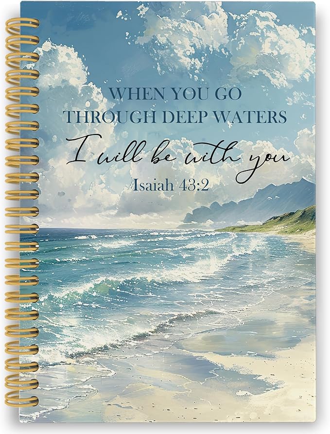 Ocean Christian Spiral Notebook, Coastal Bible Journaling Notebooks for Women Men, Religious Beach Hardcover Journals for Office 160 Pages 5.5 x 8.3 Inch, Scripture Gifts for Women Faith