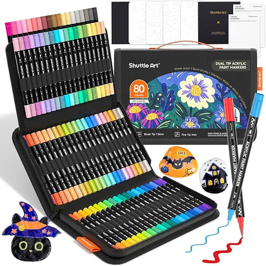 Shuttle Art 80 Colors Dual Tip Acrylic Paint Markers, Brush Tip and Fine Tip Acrylic Paint Pens for Rock Painting, Ceramic, Wood, Canvas, Plastic, Glass, Stone, Calligraphy, Card Making, DIY Crafts
