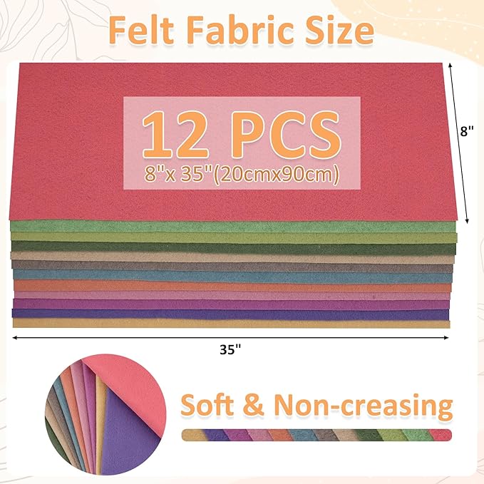 XSEINO 12 Rolls 8"x35" 1.4mm Thick Soft Felt Fabric Sheet 12 Assorted Morandi Series Colors Felt Pack for DIY Craft Sewing Squares Nonwoven Patchwork