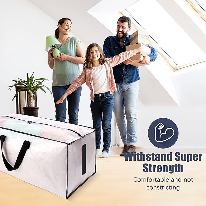 4 Pack Large Strong Moving Bags with Zippers & Carrying Handles - Water-Resistant - Heavy Duty Storage Tote for Space Saving, Fold Flat, Alternative to Moving Box (Semi-Transparent)