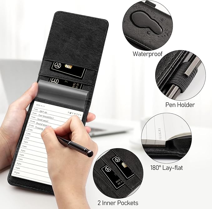 WEMATE 10 Pieces Small Notepad Holder Set Pocket Notebook - Included Mini Pocket Notepad Holder Set with 8 Memo Book Refills and Metal Pen for Meetings, Daily Records, and Notes 3 x 5 Inch (Black)