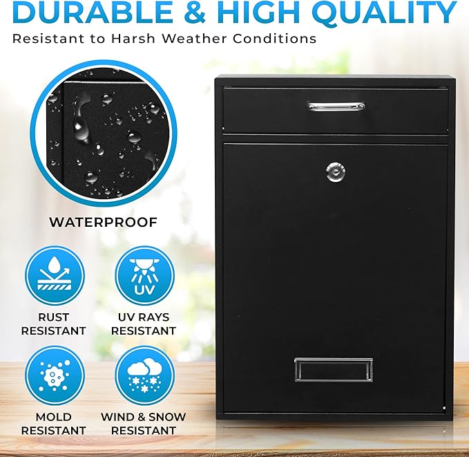 Wall Mounted Locking Vertical Dropbox Mailbox - Safe and Secure (Large) | Made with Galvanized Steel (Black)