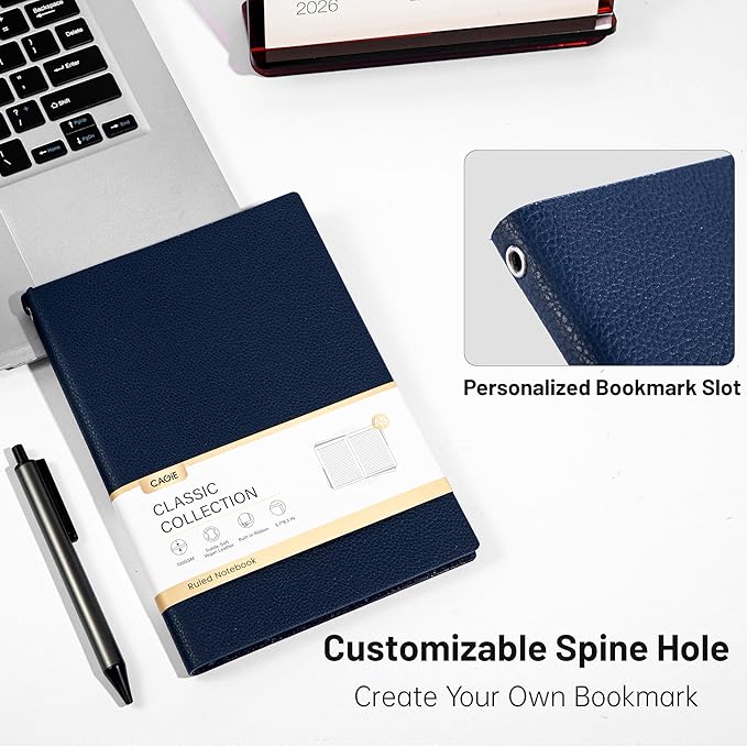 CAGIE Lined Journal Notebook for Men & Women,176 Pages A5 Medium Size Softcover Leather Journals for Writing,Travel,Business,Work & School, 100 GSM Thick Paper (5.7'' x 8.3'') (Navy Blue)