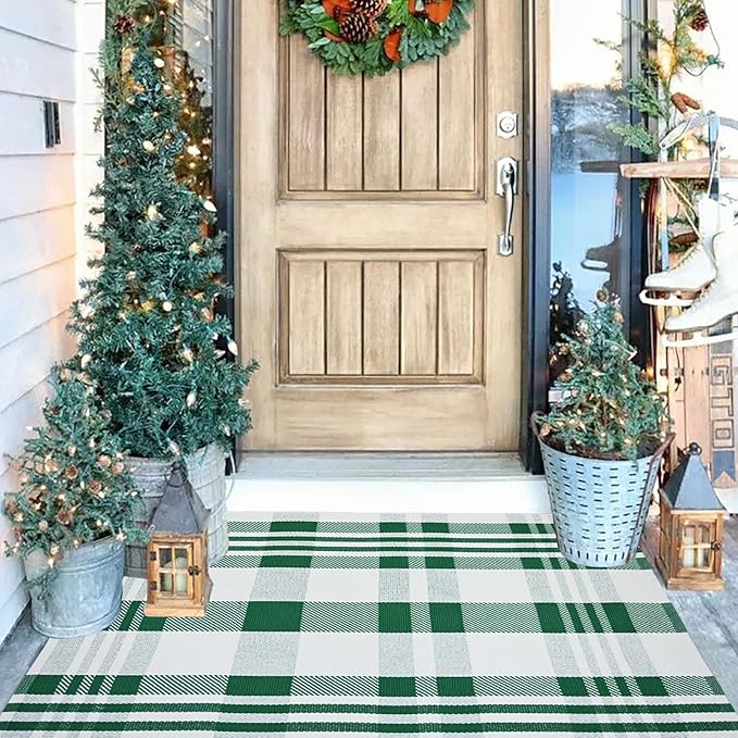 Christmas Plaid Outdoor Rug, 2'4" x 3'7" Green&White Checkered Indoor/Outdoor Area Rug, Layering Rug for Hello/Welcome Door Mat, Machine Washable Cotton Woven Rug for Farmhouse Front Porch,Entryway