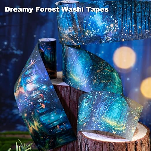 Night Forest Seamless Washi Tape Scrapbook Kit – 6 Rolls with Starry Sky, Fairy Woods & Twilight Designs for Journaling, DIY Crafts, Gift Wrapping, Card Making, Decoration, 3.15in Wide