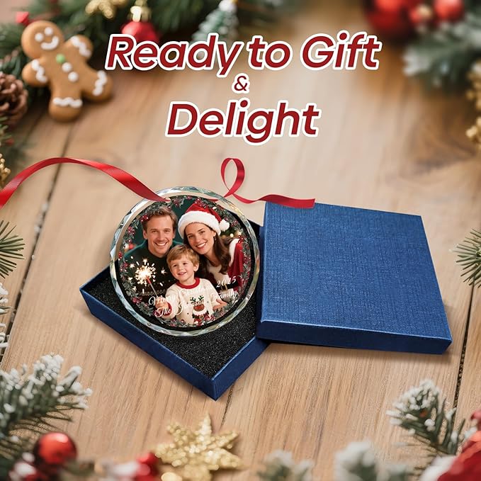 Personalized Christmas Ornaments 2025 for Familie, Custom Christmas Ornaments, Crystal Photo Ornament for Xmas, Wedding, Anniversary, Personalized Gifts for Family, Kids, Couple, Pet (3.15”)
