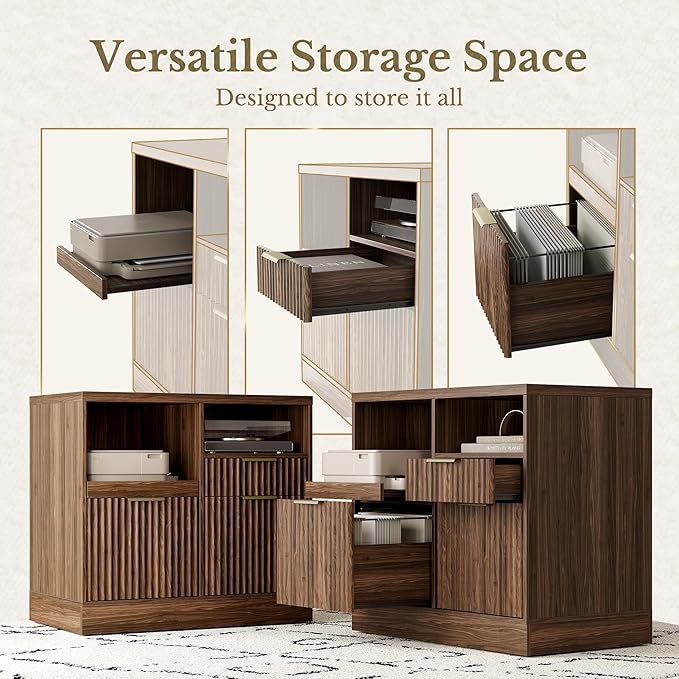 3 Drawer File Cabinet, Fluted Wood Lateral Filing Cabinet with Charging Station for Home Office, Fits for A4/Letter-Sized Files, Printer Stand with Open Storage Shelves, Black Walnut