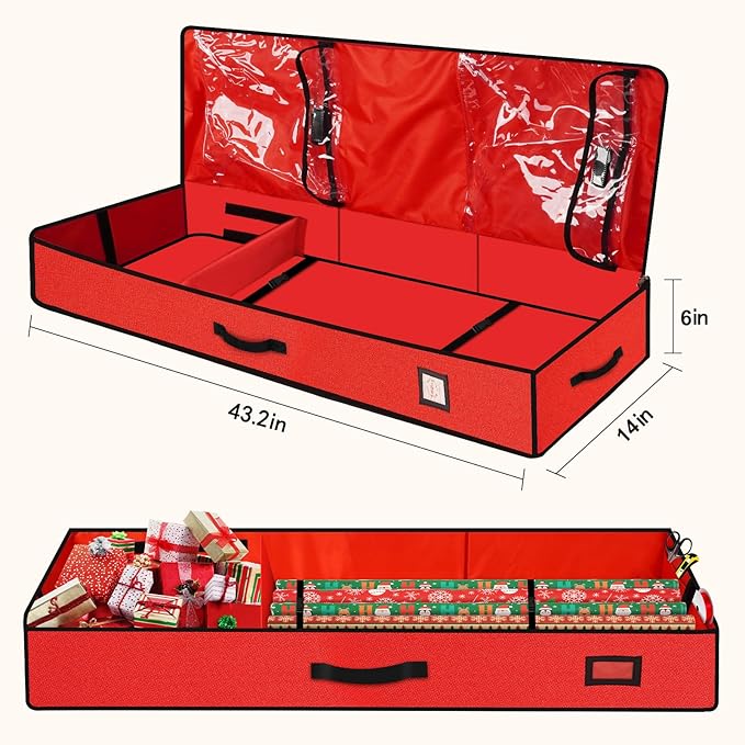 HikooLSS Wrapping Paper Organizer Storage Container 600D Heavy Duty Tear Proof for Holiday Christmas Gift Wrapping Storage with Flexible Partitions Storage Container for Ribbon, Accessories (Red)