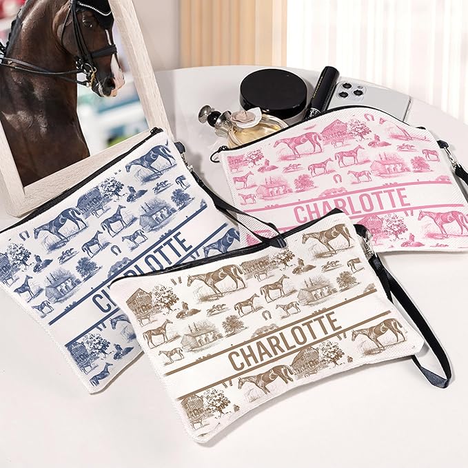 Custom Small Cosmetic Pouch Equestrian Personalized Makeup Bag for Purse with Text and Wrist Strap Essentials Christmas Birthday Horse Gifts for Girls Women
